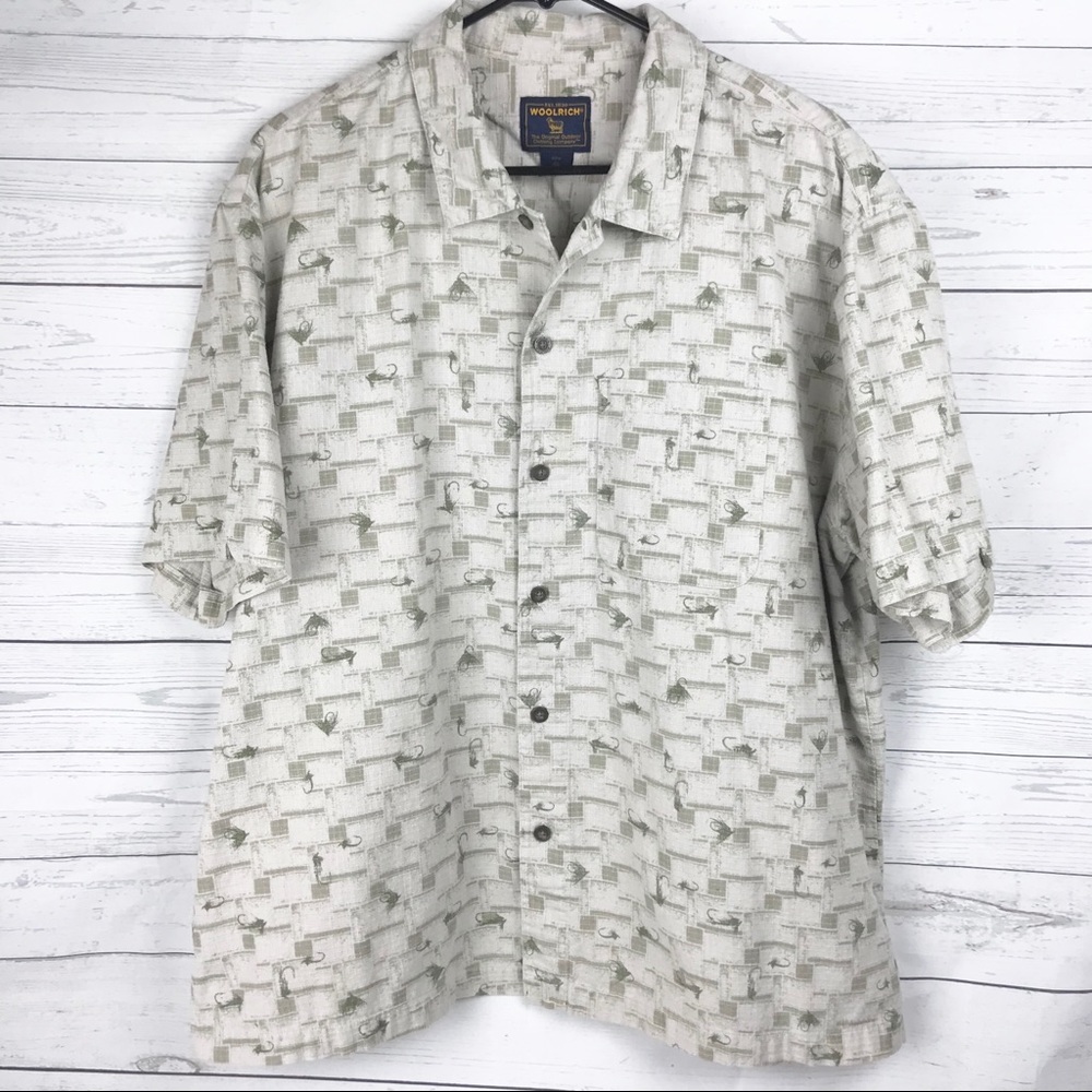 Woolrich Outdoor Short Sleeve Button Up Fishing Lures Shirt Men's Size XL